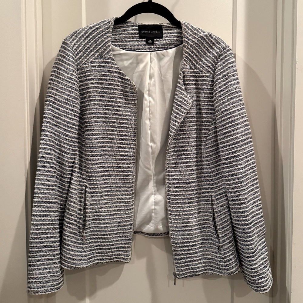 Adrienne Vittadini Blazer Navy/White Striped Tweed Zip Size Medium